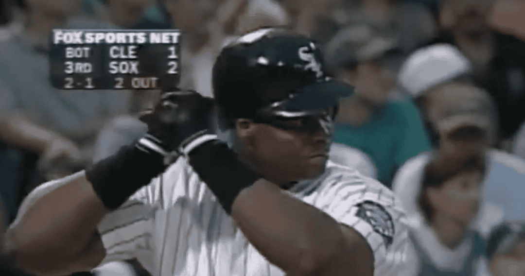 Frank Thomas showcasing his powerful swing, representing legends without postseason glory.